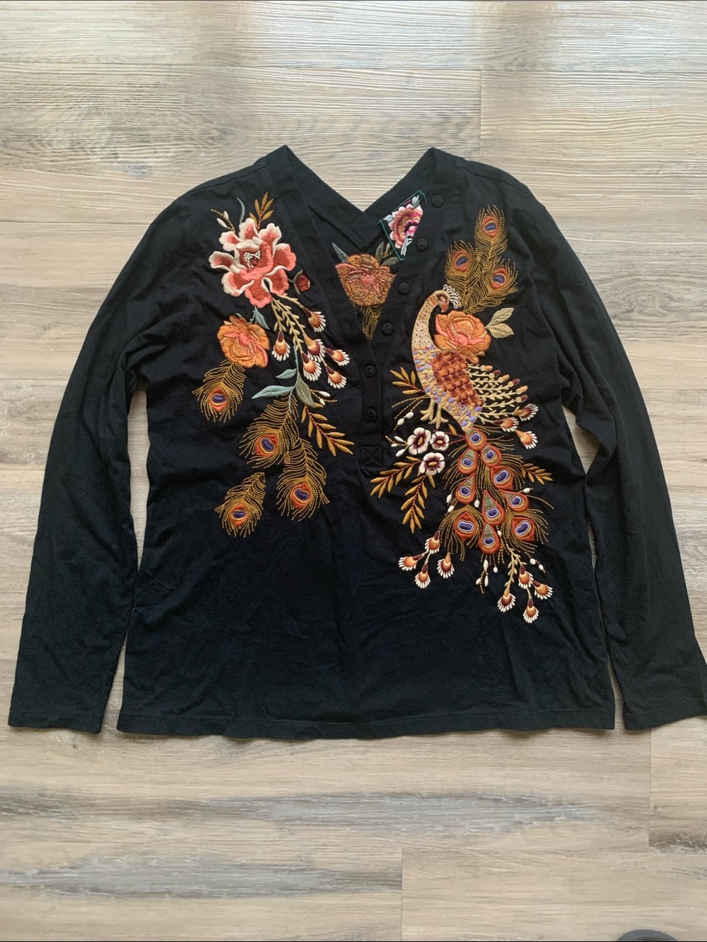 Johnny Was Black Embroidered Peacock Henley Top  Floral Long Sleeve